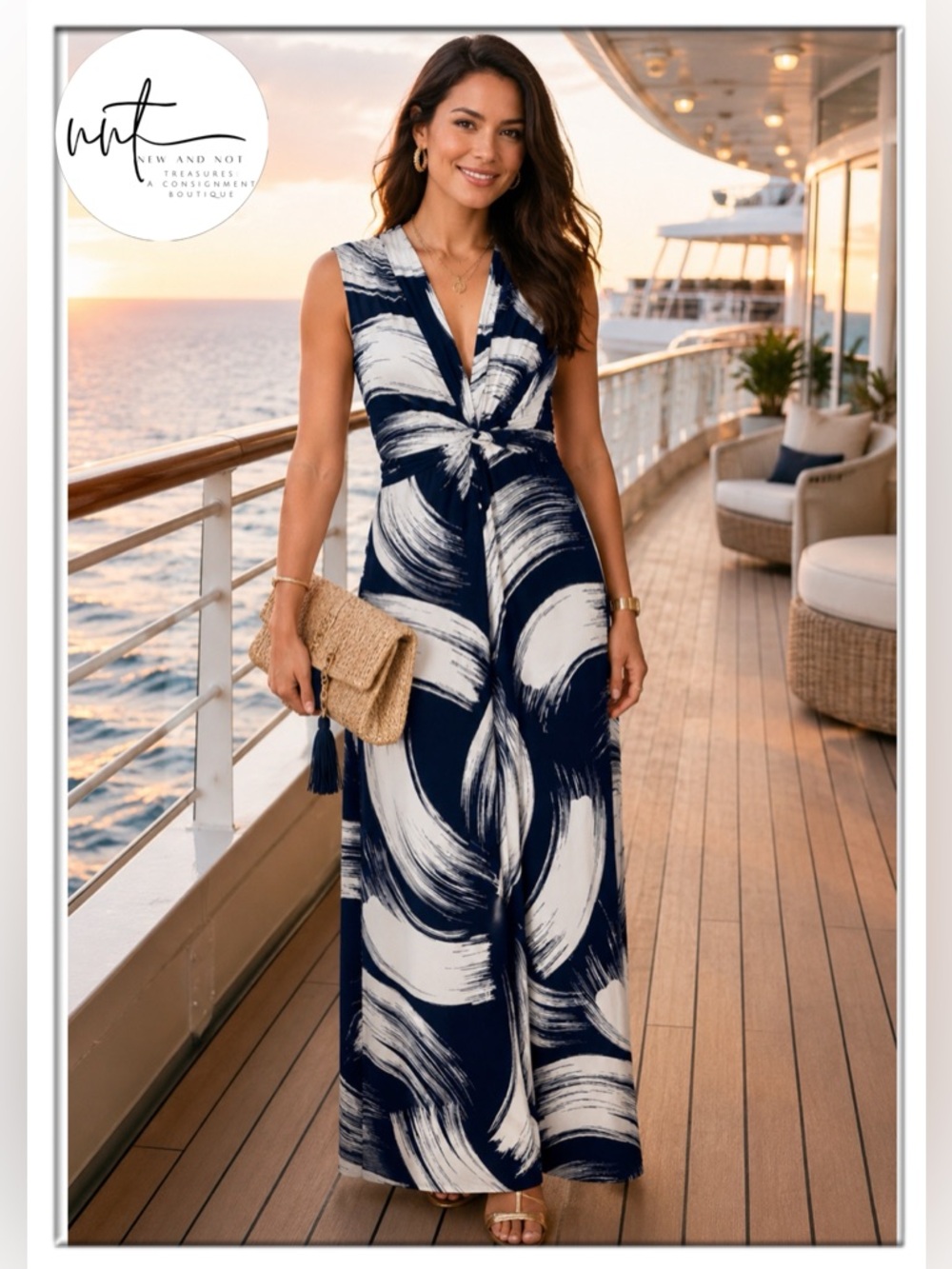 Eliza J Brushstroke Maxi Dress Twist Front Navy White Abstract Print Size 6